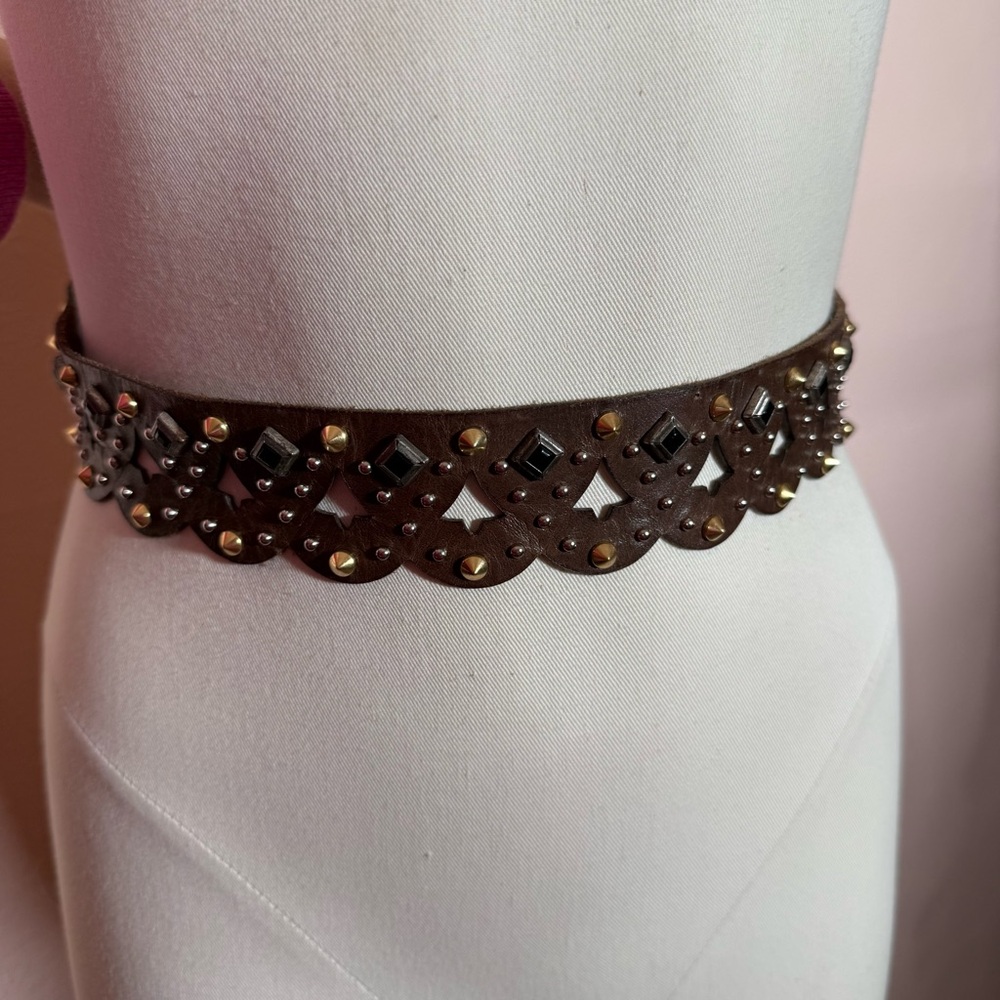 Etro Milano Brown Leather Metal Studded bikercore belt size 31 to 33 - Picture 3 of 17